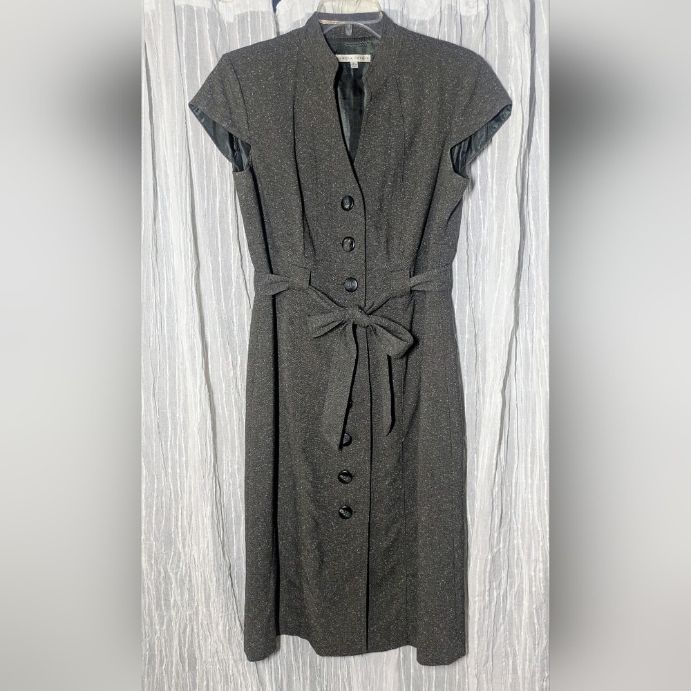 🩶Sandra Darren Dress | Lined,Grey | Cap Sleeved | Button & Tie🩶